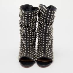 Pre Owned Christian Louboutin Black Leather Spiked Guerilla Peep Toe Slouchy Ankle Boots Size 36.5