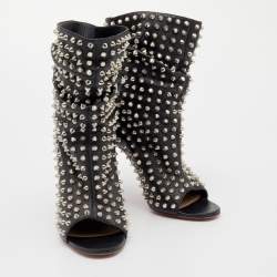 Pre Owned Christian Louboutin Black Leather Spiked Guerilla Peep Toe Slouchy Ankle Boots Size 36.5