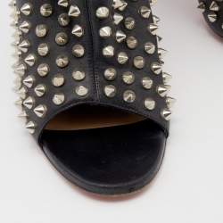 Pre Owned Christian Louboutin Black Leather Spiked Guerilla Peep Toe Slouchy Ankle Boots Size 36.5