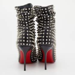 Pre Owned Christian Louboutin Black Leather Spiked Guerilla Peep Toe Slouchy Ankle Boots Size 36.5
