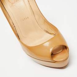 Pre Owned Christian Louboutin Beige Patent Leather Lady Peep-Toe Platform Pumps Size 38