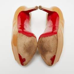 Pre Owned Christian Louboutin Beige Patent Leather Lady Peep-Toe Platform Pumps Size 38