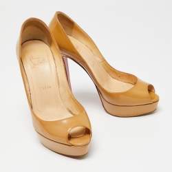Pre Owned Christian Louboutin Beige Patent Leather Lady Peep-Toe Platform Pumps Size 38