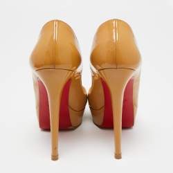 Pre Owned Christian Louboutin Beige Patent Leather Lady Peep-Toe Platform Pumps Size 38