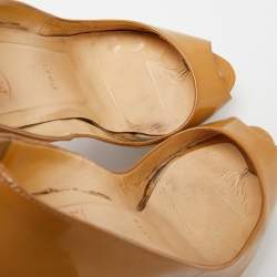 Pre Owned Christian Louboutin Beige Patent Leather Lady Peep-Toe Platform Pumps Size 38