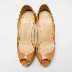 Pre Owned Christian Louboutin Beige Patent Leather Lady Peep-Toe Platform Pumps Size 38
