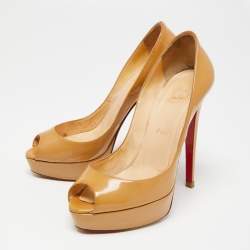 Pre Owned Christian Louboutin Beige Patent Leather Lady Peep-Toe Platform Pumps Size 38