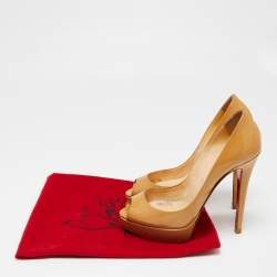 Pre Owned Christian Louboutin Beige Patent Leather Lady Peep-Toe Platform Pumps Size 38