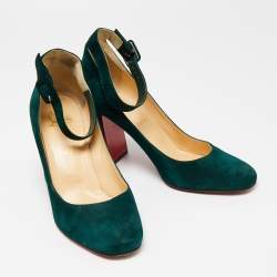 Pre Owned Christian Louboutin Green Suede Soval Ankle Strap Block Heel Pumps Size 40