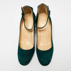 Pre Owned Christian Louboutin Green Suede Soval Ankle Strap Block Heel Pumps Size 40