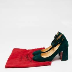 Pre Owned Christian Louboutin Green Suede Soval Ankle Strap Block Heel Pumps Size 40