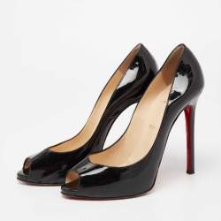 Pre Owned Christian Louboutin Black Patent Leather Flo Peep-Toe Pumps Size 39.5