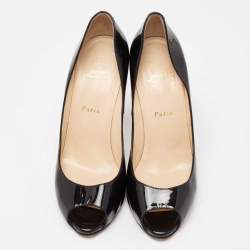 Pre Owned Christian Louboutin Black Patent Leather Flo Peep-Toe Pumps Size 39.5