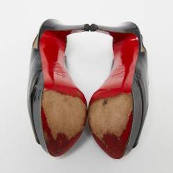 Pre Owned Christian Louboutin Black Patent Leather Lady Peep-Toe Slingback Platform Sandals Size 38.5