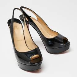 Pre Owned Christian Louboutin Black Patent Leather Lady Peep-Toe Slingback Platform Sandals Size 38.5