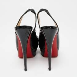 Pre Owned Christian Louboutin Black Patent Leather Lady Peep-Toe Slingback Platform Sandals Size 38.5