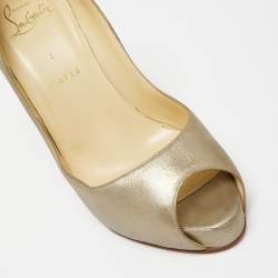 Pre Owned Christian Louboutin Metallic Beige Leather Very Prive Peep-Toe Pumps Size 37.5