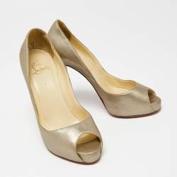 Pre Owned Christian Louboutin Metallic Beige Leather Very Prive Peep-Toe Pumps Size 37.5
