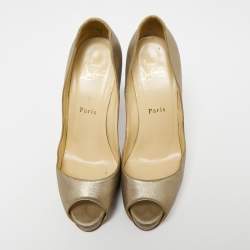 Pre Owned Christian Louboutin Metallic Beige Leather Very Prive Peep-Toe Pumps Size 37.5