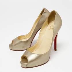 Pre Owned Christian Louboutin Metallic Beige Leather Very Prive Peep-Toe Pumps Size 37.5