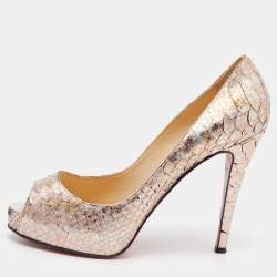 Christian Louboutin Metallic Rose Gold  Python Very Prive Peep Toe Pumps Size 38.5