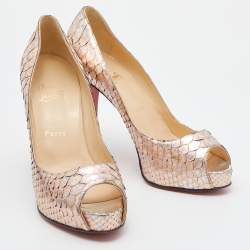 Christian Louboutin Metallic Rose Gold  Python Very Prive Peep Toe Pumps Size 38.5