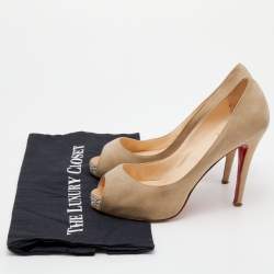 Christian Louboutin Beige Suede Very Prive Crystal Embellished Peep Toe Pumps Size 38.5