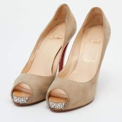 Christian Louboutin Beige Suede Very Prive Crystal Embellished Peep Toe Pumps Size 38.5