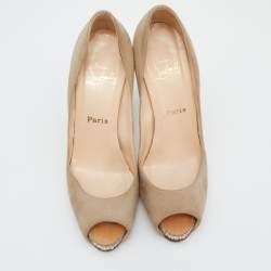 Christian Louboutin Beige Suede Very Prive Crystal Embellished Peep Toe Pumps Size 38.5