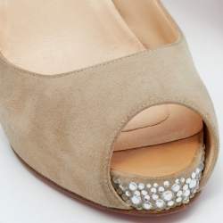 Christian Louboutin Beige Suede Very Prive Crystal Embellished Peep Toe Pumps Size 38.5