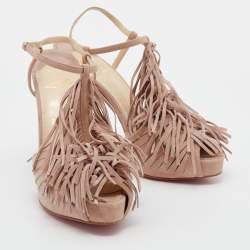 Christian Louboutin Pink Suede Fringe T-Strap Platform Sandals Size 37