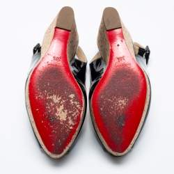Pre Owned Christian Louboutin Black Patent Leather Une Plume Cork Wedge Slingback Sandals Size 36.5