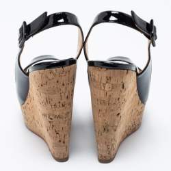 Pre Owned Christian Louboutin Black Patent Leather Une Plume Cork Wedge Slingback Sandals Size 36.5