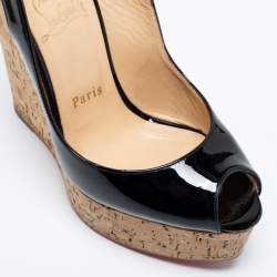 Pre Owned Christian Louboutin Black Patent Leather Une Plume Cork Wedge Slingback Sandals Size 36.5