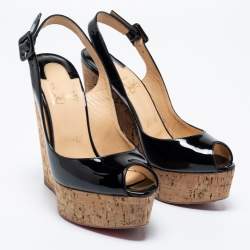 Pre Owned Christian Louboutin Black Patent Leather Une Plume Cork Wedge Slingback Sandals Size 36.5