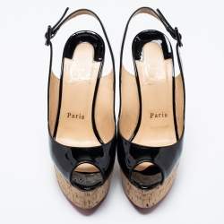 Pre Owned Christian Louboutin Black Patent Leather Une Plume Cork Wedge Slingback Sandals Size 36.5