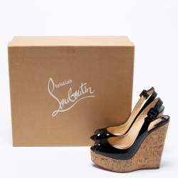 Pre Owned Christian Louboutin Black Patent Leather Une Plume Cork Wedge Slingback Sandals Size 36.5