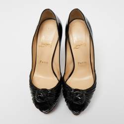 Pre Owned Christian Louboutin Black Patent Leather Jenny Knot Peep-Toe Platform Pumps Size 37