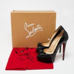Pre Owned Christian Louboutin Black Patent Leather Jenny Knot Peep-Toe Platform Pumps Size 37