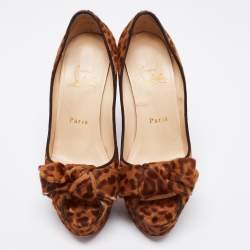 Pre Owned Christian Louboutin Brown/Tan Leopard Print Calf Hair Bow Lady Peep-Toe Platform Pumps Size 37