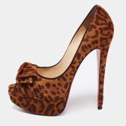 Pre Owned Christian Louboutin Brown/Tan Leopard Print Calf Hair Bow Lady Peep-Toe Platform Pumps Size 37