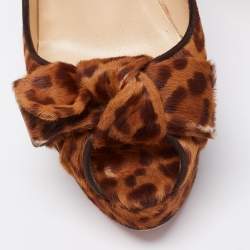 Pre Owned Christian Louboutin Brown/Tan Leopard Print Calf Hair Bow Lady Peep-Toe Platform Pumps Size 37