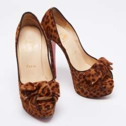 Pre Owned Christian Louboutin Brown/Tan Leopard Print Calf Hair Bow Lady Peep-Toe Platform Pumps Size 37