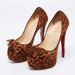 Pre Owned Christian Louboutin Brown/Tan Leopard Print Calf Hair Bow Lady Peep-Toe Platform Pumps Size 37