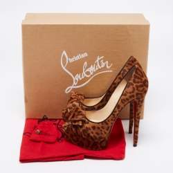 Pre Owned Christian Louboutin Brown/Tan Leopard Print Calf Hair Bow Lady Peep-Toe Platform Pumps Size 37