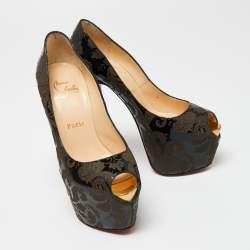 مملوكة مسبقًا حذاء كعب عالي كريستيان لوبوتان أرابيسك هاينيس جلد لامع أسود/بني مقدمة مفتوحة مقاس 36.5