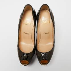 مملوكة مسبقًا حذاء كعب عالي كريستيان لوبوتان أرابيسك هاينيس جلد لامع أسود/بني مقدمة مفتوحة مقاس 36.5