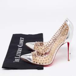 Pre Owned Christian Louboutin Silver Leather and PVC Spike Me Pumps Size 38