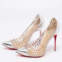 Pre Owned Christian Louboutin Silver Leather and PVC Spike Me Pumps Size 38