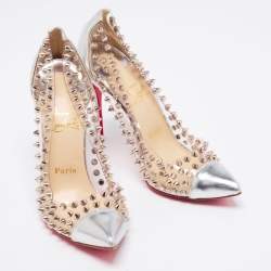 Pre Owned Christian Louboutin Silver Leather and PVC Spike Me Pumps Size 38